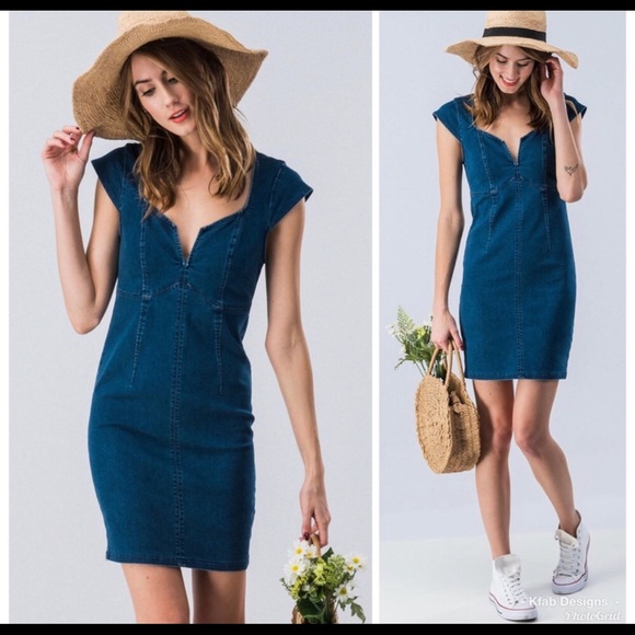 Denim v neck zip back mini dress size medium - Picture 10 of 10